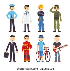 Cartoon men of 8 different professions: policeman, fireman, doctor, soldier, construction worker, businessman, athlete and musician.