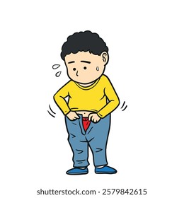 Cartoon men can't wear pants because they're fat. illustrations and vector.