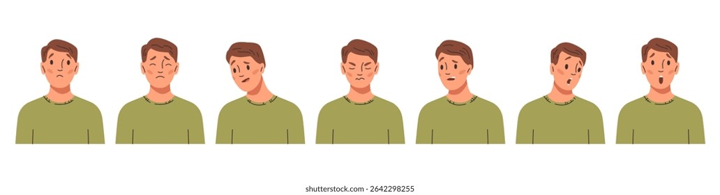 Cartoon men characters. Vector young male personage with negative facial expressions. Guy faces avatar expressing pessimistic emotion. Hate and anger, jealousy and sadness, fear and anxiety