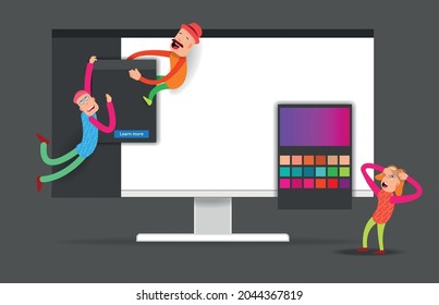 Cartoon men climb into the interface of an office computer. Vector banner
