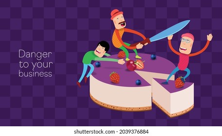 Cartoon men climbed on the cake and cut it with a knife. Vector banner