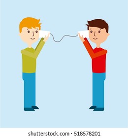 cartoon men communication with plastic cups over blue background. colorful design vector illustration