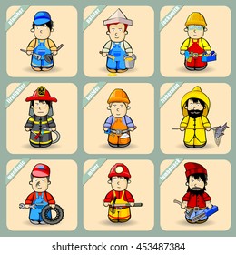 Cartoon men in costumes of different professions. A set of nine figures. Vector illustration.