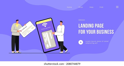 Cartoon men with credit card and phone flat vector illustration. Tiny male people standing and making purchase using mobile payment. Online payment, technology concept for banner, website design.