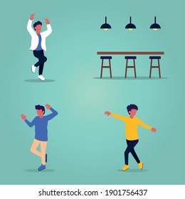 cartoon men dancing and disco bar over blue background, colorful design, vector illustration