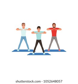 Cartoon men doing sport exercise. Three young guys warming-up before training. People in gym fitness center. Healthy lifestyle. Physical activity. Flat vector