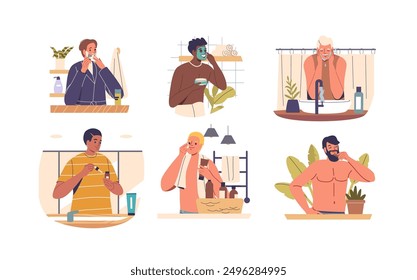 Cartoon Men Engaging In Various Face Care Routines And Activities Like Washing, Shaving, Applying Masks And Moisturizing