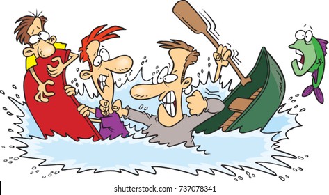 Cartoon Men Fighting On Sinking Canoe Boats