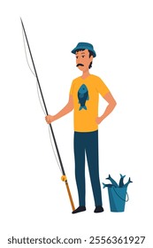 Cartoon men fishing. Male fishermen character with fishing rods on lake, summer catching process, men hobby recreation, leisure time, vector