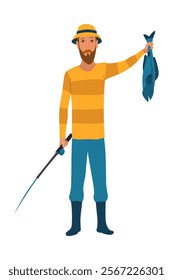 Cartoon men fishing. Male fishermen character with fishing rods on lake, summer catching process, men hobby recreation, leisure time, vector