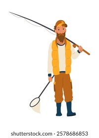 Cartoon men fishing. Male fishermen character with fishing rods on lake, summer catching process, men hobby recreation, leisure time, vector