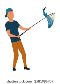 Cartoon men fishing. Male fishermen character with fishing rods on lake, summer catching process, men hobby recreation, leisure time, vector