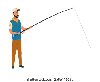 Cartoon men fishing. Male fishermen character with fishing rods on lake, summer catching process, men hobby recreation, leisure time, vector