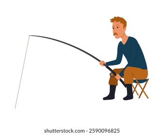 Cartoon men fishing. Male fishermen character with fishing rods on lake, summer catching process, men hobby recreation, leisure time, vector