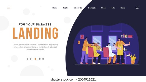 Cartoon men getting their hair cut in barbershop. Flat vector illustration. Clients sitting in front of mirrors, hairdressers in aprons in salon. Hair care, beauty, business, service concept