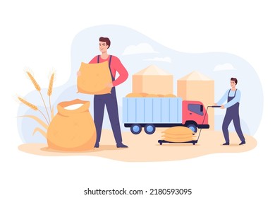 Cartoon men harvesting wheat at flour factory. Bread production for bakery, people collecting cereals or grains flat vector illustration. Farming, agriculture concept for banner or landing web page