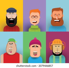 Cartoon men on a colored background. Vector banner