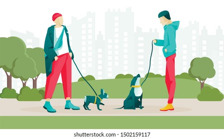 Cartoon Men Pets Owner Characters Talking on Walk in Green City Park. Hipster Guy and Boy in Hoodie Having Friendly Conversation. Different Breed Funny Dog on Leash. Vector Flat Illustration