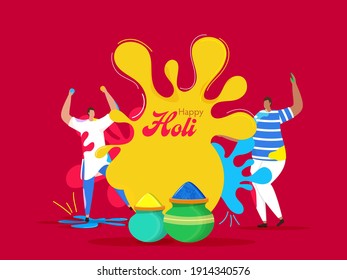 Cartoon Men Playing Colors With Mud Pots Full Of Powder (Gulal) On Red Splash Background For Happy Holi Concept.