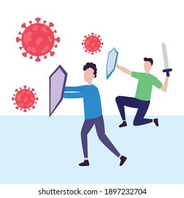 cartoon men protecting themselves from covid with shields and swords over white background, colorful design, vector illustration