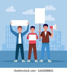 cartoon men protestating holding blank signs and megaphone over urban city buildings background, colorful design, vector illustration
