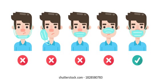 Cartoon men show different types of masking, both the wrong types and the correct ways to prevent the coronavirus.