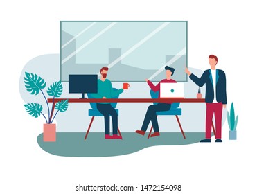 Cartoon Men Sit Table, Notebook Work Chatting Vector Illustration. Office Room Interior. Coworking Workplace. Business Project Discussion, Corporate Meeting, Brainstorming, Teamwork