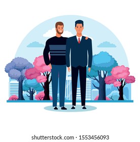 cartoon men standing over colorful trees and white background. vector illustration