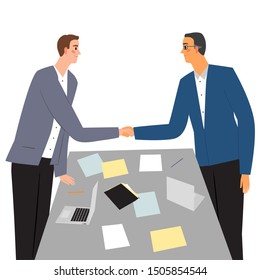 Cartoon men in suits at the table with laptops and papers shaking hands and having aggreement in negotiations. Business illustration for your design. 
