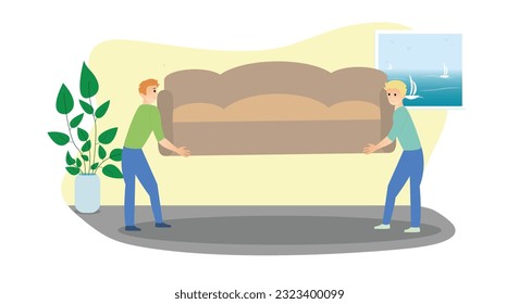 Cartoon men take couch out of apartment. Process of making home repair together and alone. Redecorating house interior. House renovation and repairing. Vector