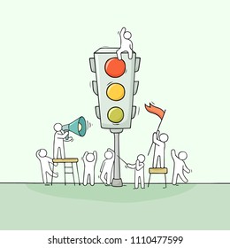 Cartoon men with traffic light. Doodle scene about road safety. Hand drawn vector illustration for warning design.