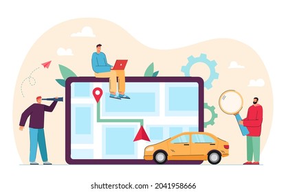 Cartoon men using car sharing online application for economy. People finding transport, city map on tablet flat vector illustration. Communication, car rental, traveling concept for banner