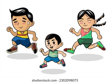 cartoon men women and children jogging vector illustration