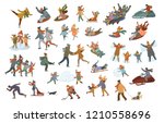 cartoon men women couples kids cute children family sledding, ice skating on a rink, tubing, playing, making snowman and snow angel, enjoying winter sports and leisure activities scenes set