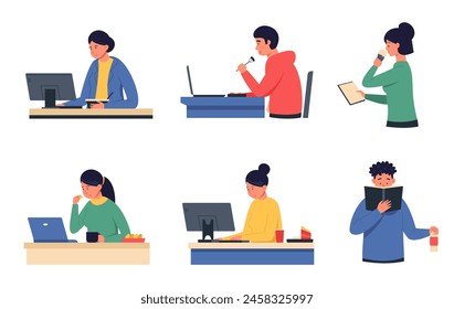 Cartoon men and women eating at work in front of laptop and computer, office lunch and remote work disadvantage. Vector of food lunch, people relax at computer illustration