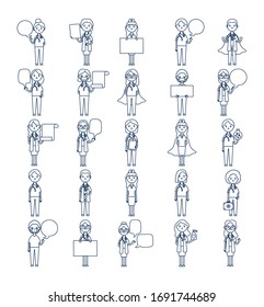 cartoon men and women medical doctors over white background, line style, vector illustration
