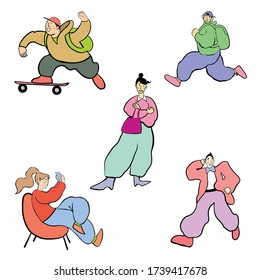 Cartoon men and women performing outdoor activities on city street. Flat colorful vector illustration