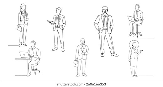 cartoon men and women of various ethnicities, ages, and body types in office outfits continuous single line art drawing sketch on white background