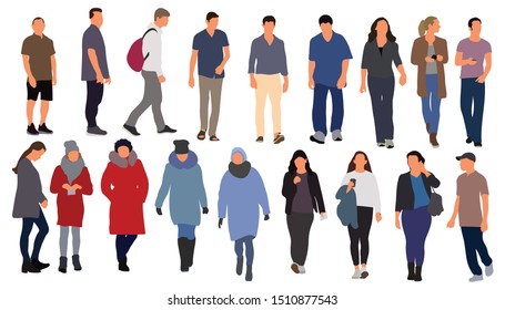 Cartoon men and women walking outdoors in the city. Flat colorful vector illustration