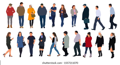 Cartoon men and women walking outdoors in the city. Flat colorful vector illustration