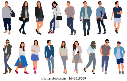 Cartoon men and women walking outdoors in the city. Flat colorful vector illustration