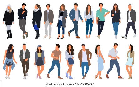 Cartoon Men And Women Walking Outdoors In The City. Flat Colorful Vector Illustration