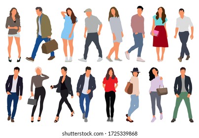 Cartoon men and women walking outdoors in the city. Flat colorful vector illustration