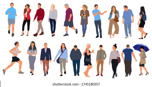 Cartoon men and women walking outdoors in the city. Flat colorful vector illustration