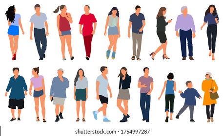 Cartoon men and women walking outdoors in the city. Flat colorful vector illustration