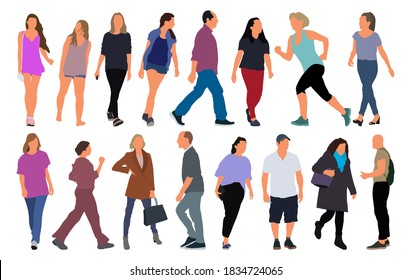 Cartoon men and women walking outdoors in the city. Flat colorful vector illustration