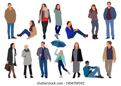 Cartoon Men And Women Walking Outdoors In The City. Flat Colorful Vector Illustration