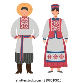 Cartoon men's and women's costumes of Belarus character for children. Flat vector illustration