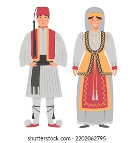 Cartoon men's and women's costumes of Greece, character for children. Flat vector illustration