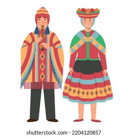 Caricatura de trajes masculinos y femeninos de Perú, personaje para niños. Ilustración vectorial plana